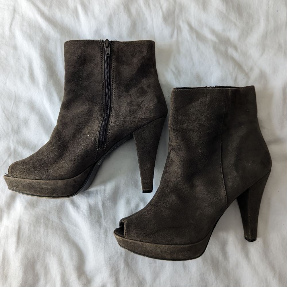 Taupe Suede Peep Toe Heeled Boots